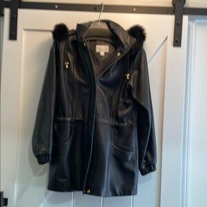 Black Leather Jacket with Faux Fur Trim